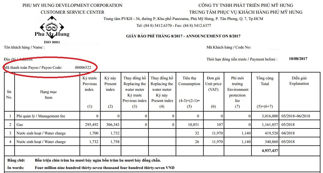 Tra cứu, thanh toán hóa đơn, trả/đóng tiền phí dịch vụ Phú Mỹ Hưng (phí quản lý, tiền nước, tiền gas, phí thuê bãi đậu xe ô tô,…). Hỗ trợ thẻ ngân hàng (ATM), Visa, Master…